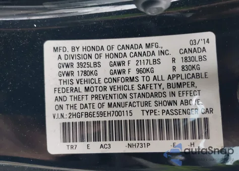 2014 Honda Civic Si z USA, uszkodzony, nr VIN 2HGFB6E59EH700115